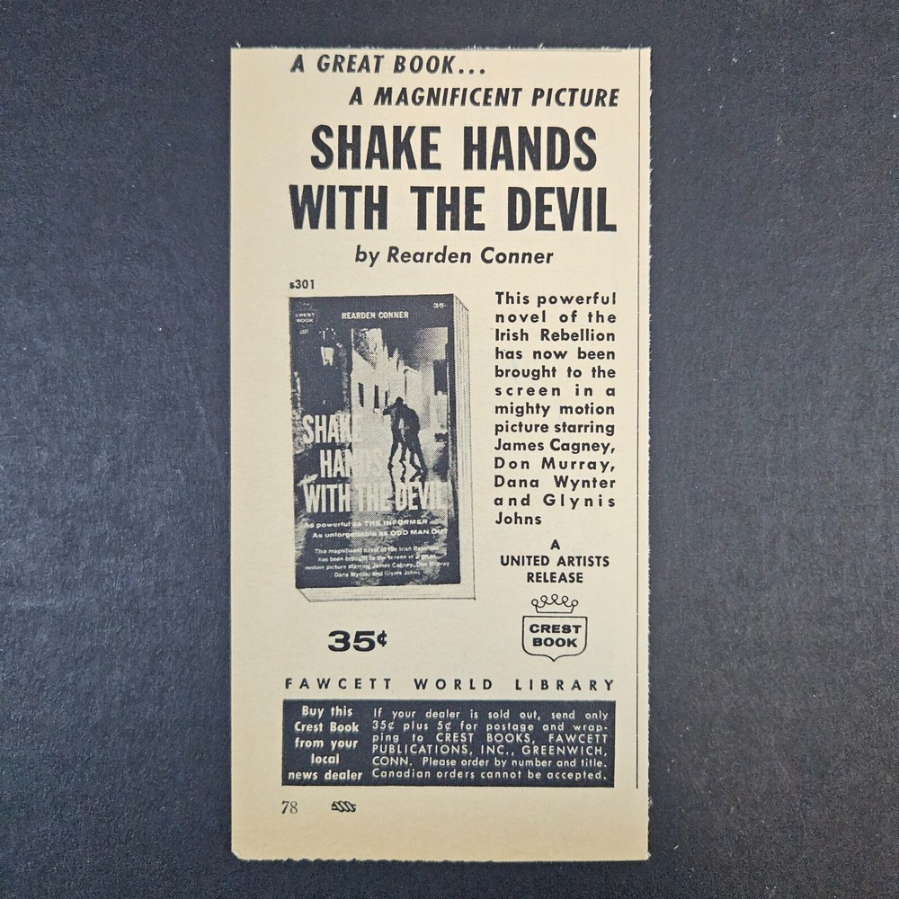 1959 Fawcett World Library Shake Hands With The Devil Vintage Print Ad Crest